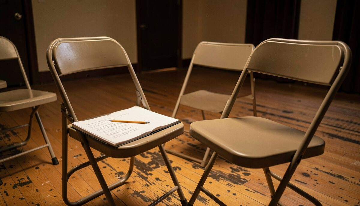A small community theatre rehearsal room in the evening, with a few folding chairs, a marked-up script open on one chair, a pencil resting in its spine, and a bruised wooden floor under warm overhead light, no people in frame.