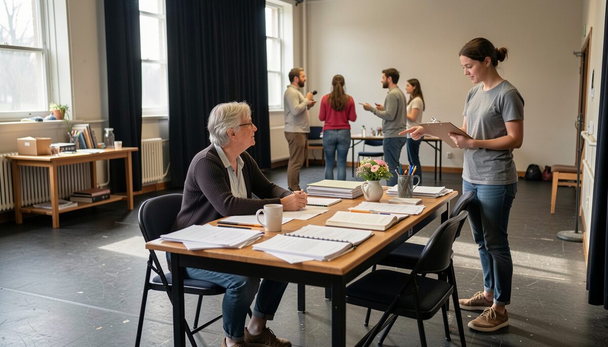 A small community theatre rehearsal space with a stage manager seated at a table covered in papers and a prompt book, while an assistant stands nearby holding a clipboard and pointing to a prop table, actors in casual clothes rehearsing in the background.