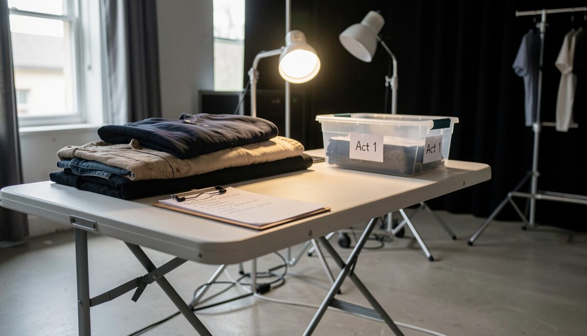 A folding table backstage holding folded garments, a clipboard with a handwritten checklist, and a small plastic storage bin labelled 'Act 1', lit by a single work light.