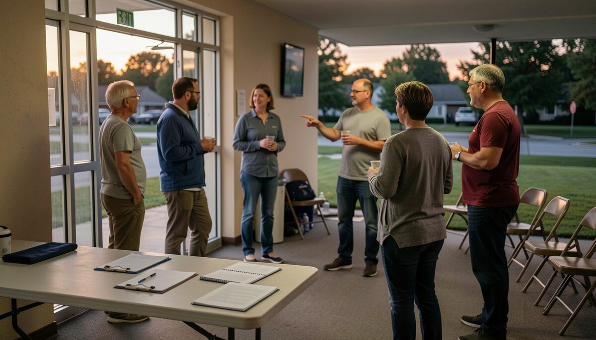 A community hall at dusk with a folding table near the entrance holding a sign-in sheet and a few clipboards, while several adults in casual clothes stand in a loose circle talking, one person pointing toward a row of chairs.
