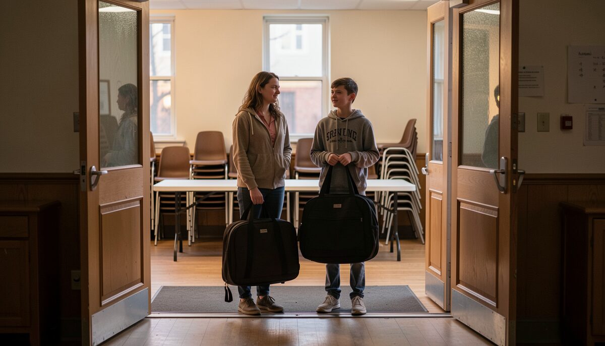 A parent and a young person standing in a community hall doorway at dusk, both holding rehearsal bags, with a folding table and stacked chairs visible behind them.