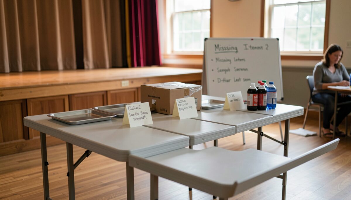 A folding table set just offstage in a community hall, with shallow trays, hand-written scene cards propped against each slot, a sealed box for consumables, and a small whiteboard listing missing items and the date last seen.