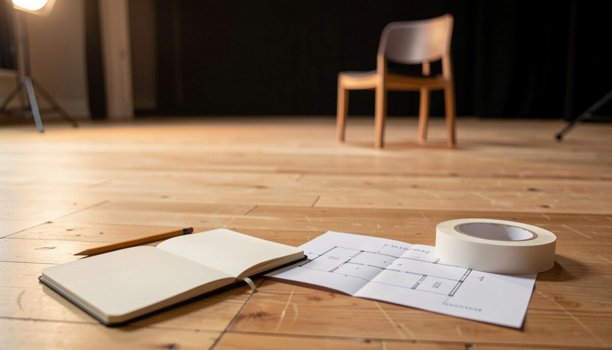 A small open notebook resting on a wooden rehearsal floor beside a pencil, a folded paper ground plan and a roll of masking tape, with a bare stage and a single chair blurred in the background under warm work lights.
