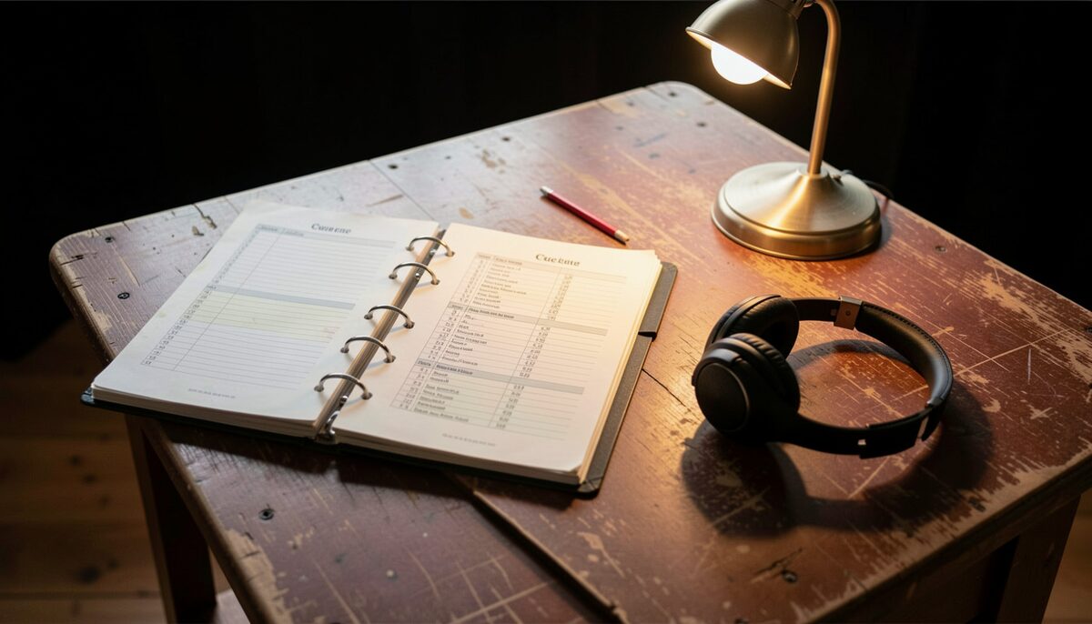 A backstage table in a community theatre, with a printed cue list in a binder, a pencil, a small lamp, and a headset resting beside it, shot from slightly above in warm light.