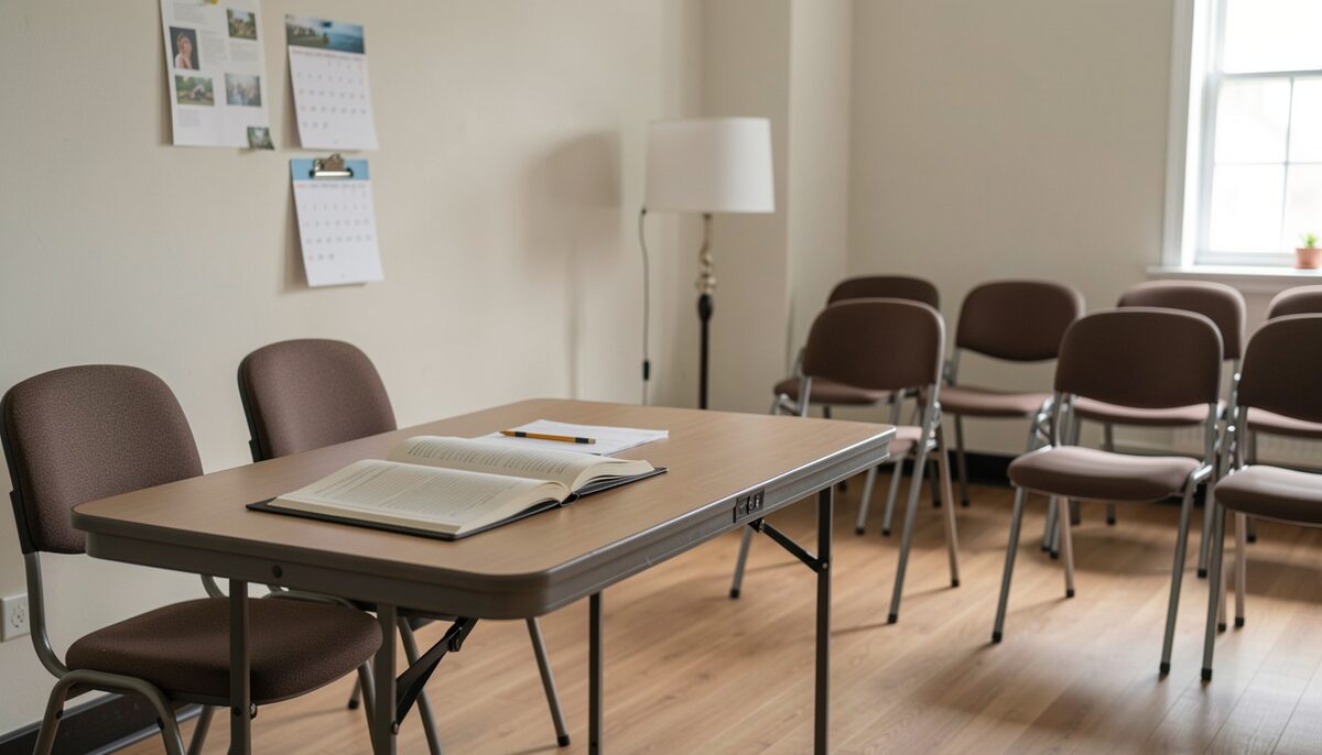 A small community theatre rehearsal room with a folding table holding an open prompt book, a pencil, a clipboard, and a paper calendar taped to the wall, while soft light falls on empty chairs arranged in a semicircle.