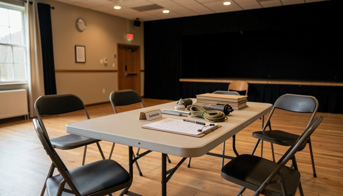 A community theatre rehearsal space with a folding table holding neatly labelled props, a clipboard with handwritten notes, and a few chairs arranged in a semicircle under warm overhead lighting.