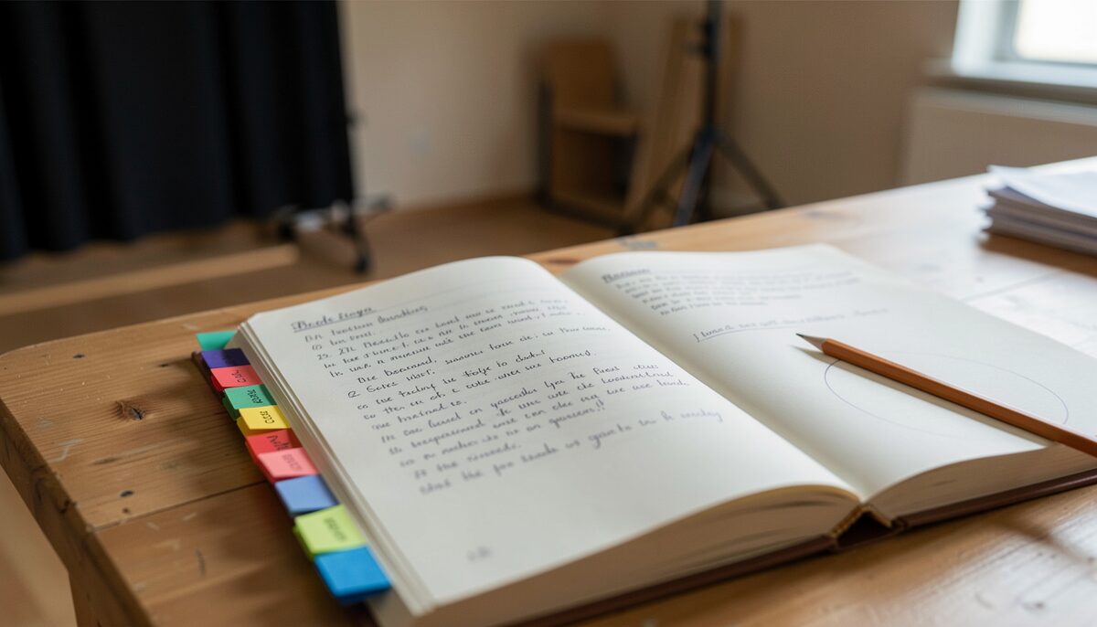 A close-up of an open prompt book on a table in a rehearsal room, with penciled blocking notes, colored cue tabs along the edges, and a pencil resting on the page.