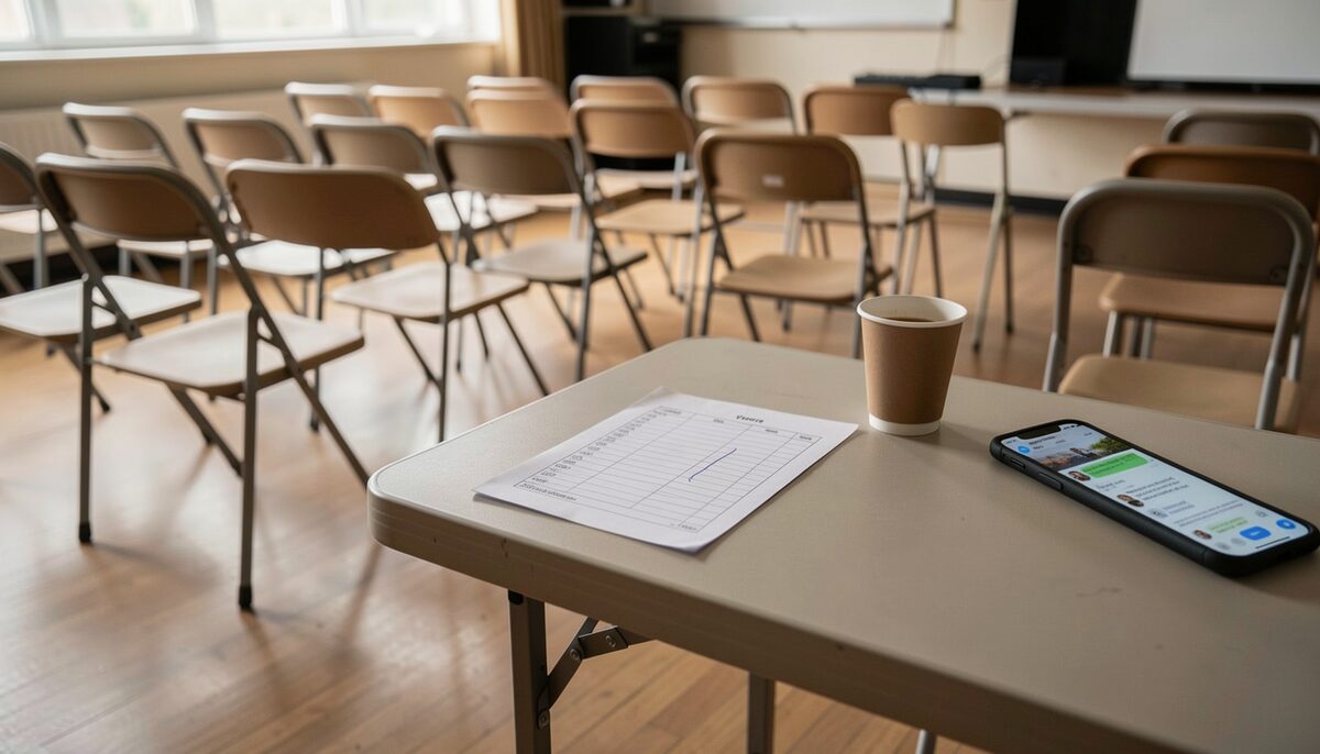 A community hall one hour before rehearsal, a folding table holding a printed schedule sheet with a single line altered in pencil, a paper cup of tea beside it, rows of empty chairs, and a phone on the table showing a group message.